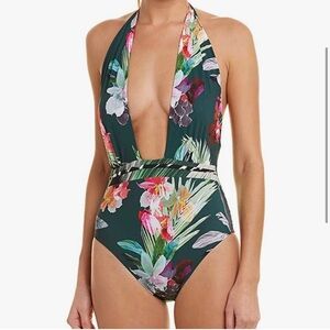 NWOT La Blanca printed one piece halter neck size 12 Hunter/Beyond the Jungle